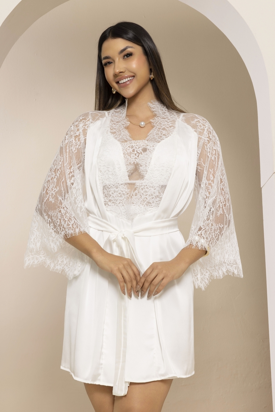 ART.RENDA white satin and lace bridal robe
